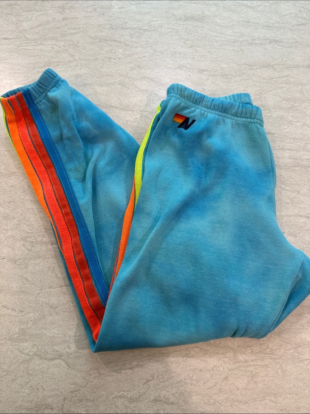 Aviator Nation Blue Tie-Dye Joggers with Rainbow Side Stripes